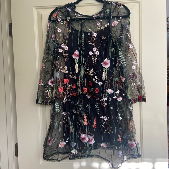 Sheer Floral Embroidered Garden Dress with Black Slip - Picture 2 of 6